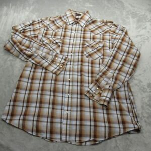 Plains Pearl Snap Shirt Men Large Tall Brown Rare Metallic Gold Western PlaidVTG